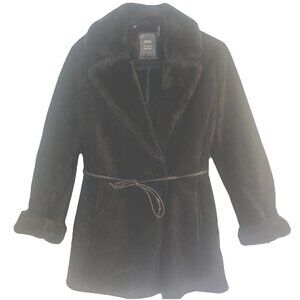 MNG Black Leather Coat With Faux Fur Collar And Cuffs Tie Closure Women’s Sz S